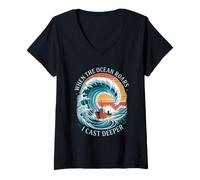 Donna Quando l'oceano ruggisce Ho lanciato Una Pesca in Acqua salata Estiva più Profonda Maglietta con Collo a V