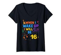 Donna Quando Mi Sveglio avrò 16 Anni Sixteen Boy Birthday Gamer Maglietta con Collo a V