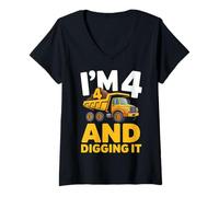 Donna Quattro 4 Anni 4 ° Compleanno Camion Ragazzi Maglietta con Collo a V