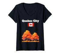 Donna Quebec City Souvenir Autunno Foglie Autunno Fogliame Bandiera Canada Maglietta con Collo a V