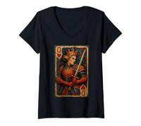 Donna Queen of Heart Playing Card Paper Cut Lucky Poker Maglietta con Collo a V