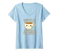 Donna Questa è la mia Camicia da tè Preferita in Stile Kawaii con Faccia da Cartone Animato Maglietta con Collo a V