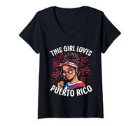 Donna Questa Ragazza AMA la Celebrazione dei Colori della Bandiera di Puerto Rico Maglietta con Collo a V
