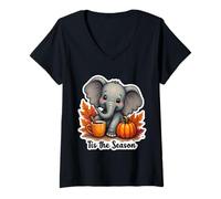 Donna Questa Stagione Elefante Autunno Autunno Foglie Zucca Vintage Maglietta con Collo a V
