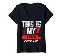 Donna Questo è il mio Zombie Slayer Costume Divertente Sanguinato Halloween Maglietta con Collo a V
