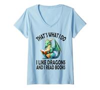 Donna Questo è Quello Che Faccio Mi Piace Dragons e leggo Libri, Drago Maglietta con Collo a V