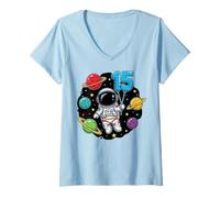 Donna Quindicesimo Compleanno Astronauta Pianeti 15 ° Carino Spazio Maglietta con Collo a V