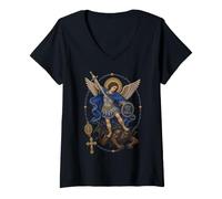 Donna QUIS UT Deus San Michele Arcangelo Arcangelo Maglietta con Collo a V