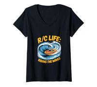 Donna R/C Boats "R/C LIFE" Cavalcando le onde Maglietta con Collo a V