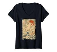 Donna Rabbitzilla Coniglio Kaiju giapponese Vintage Ukiyo-e Opera d'arte Maglietta con Collo a V