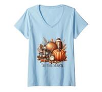 Donna Raccolta della Zucca del Ringraziamento di Calcio Autunnale It's The Season Maglietta con Collo a V