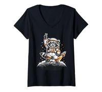 Donna Raccoon Astronaut On The Moon with Rocket Retro Space Iconic Maglietta con Collo a V