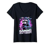 Donna Raccoon Gaming Gaming Is My Therapy Maglietta con Collo a V