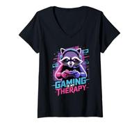 Donna Raccoon Gaming Gaming Is My Therapy Maglietta con Collo a V