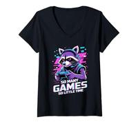 Donna Raccoon Gaming So Many Games So Little Time Maglietta con Collo a V
