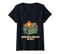Donna Raccoon in Fire Dumpster Humour sopravvive ai Tempi Difficili Maglietta con Collo a V