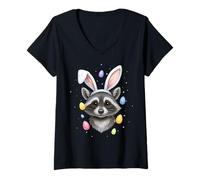 Donna Raccoon Opossum Street Cat Pasqua Coniglio Uova Orecchie Coniglio Maglietta con Collo a V