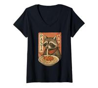 Donna Racoon Eating Pasta Noodles Kawaii Anime Carino Retro Procione Maglietta con Collo a V