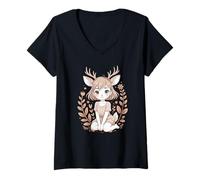 Donna Ragazza Cervo Anime Forest Nature Natura Dolce Maglietta con Collo a V