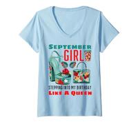 Donna Ragazza di Settembre Che entra nel Mio Compleanno Come Una Regina Floreale Maglietta con Collo a V