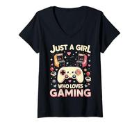 Donna Ragazza Gaming Controller Retro Arcade Cuori Maglietta con Collo a V