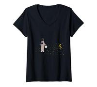 Donna Ragazza Giapponese con Lanterna Luna Stelle Fantasy Maglietta con Collo a V