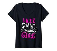 Donna Ragazza jazzista pianista con tastiera musicale Maglietta con Collo a V
