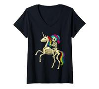 Donna Ragazza Scheletro Che cavalca Uno Scheletro Unicorno Maglietta con Collo a V