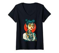 Donna Ragazza tatuata in grassetto Streetwear Art Style Maglietta con Collo a V