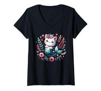 Donna Ragazze Gatto Sirena Cottagecore Fiori Kawaii Kitty Purrmaid Maglietta con Collo a V