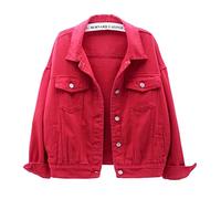Donna Ragazze Giacca in Jeans di Mezza Stagione Colorata Corta Giubbotto Denim Maniche Lunghe Giacca Casual Leggera con Tasche e Bottoni Elegante Giubbino Denim Cappotti Corta Outerwear rosso XL