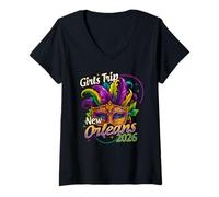 Donna Ragazze Viaggio New Orleans 2026 Donne Ragazze Mardi Gras Maschera Perline Maglietta con Collo a V