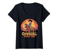 Donna Ragazze Western Outfit Cowgirl Top Rodeo Ragazze Equitazione Maglietta con Collo a V