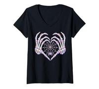 Donna Ragno Scheletro Cuore Web Carino Goth Halloween San Valentino Maglietta con Collo a V