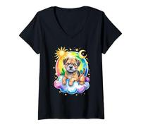 Donna Rainbow Clouds Border Terrier Border Terriers Maglietta con Collo a V