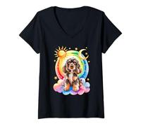 Donna Rainbow Clouds Cocker Spaniel Spaniels Maglietta con Collo a V