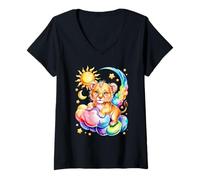 Donna Rainbow Clouds Cucciolo Di Leone Leoni Maglietta con Collo a V