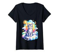 Donna Rainbow Clouds Egyptian Mau Cat Egyptian Maus Maglietta con Collo a V