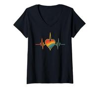 Donna Rainbow Heartbeat Heart Retro LGBTQ Pride Maglietta con Collo a V