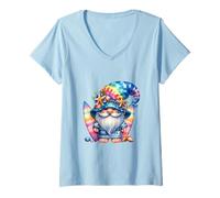 Donna Rainbow Summer GNOME Graphic for Surfer Funny Beach Surfing Maglietta con Collo a V