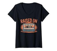 Donna Raised ON Old School Hip Hop Cassetta Vintage Rap Anni 80 Maglietta con Collo a V