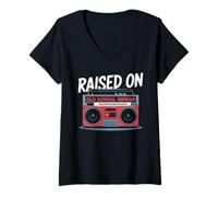 Donna RAISED ON OLD SCHOOL HIPHOP Boombox Retrò Rap Musica 80 Maglietta con Collo a V