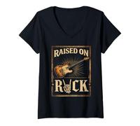 Donna Raised On Rock Vintage Guitar Rock Band Amanti della Musica Maglietta con Collo a V