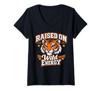 Donna Raised On Wild Energy Grafica Tigre Stile Selvaggio Maglietta con Collo a V
