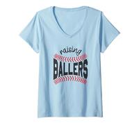Donna Raising Ballers Mom Baseball Proverbio Lacci delle Scarpe Maglietta con Collo a V