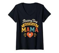 Donna Raising Tiny Discepoles Mama Christian Mom Faith Retro Design Maglietta con Collo a V