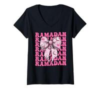 Donna Ramadan Kareem Moschea Luna Musulmana Ragazza Coquette Bow Rosa Maglietta con Collo a V