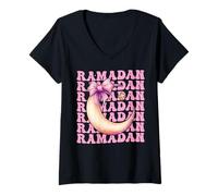Donna Ramadan Kareem Muslim Moon Girl Coquette Bow Nastro Rosa Maglietta con Collo a V