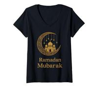 Donna Ramadan Mubarak Felice Digiuno Crescent Moon Islamico Musulmano Maglietta con Collo a V