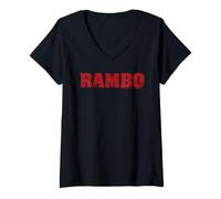 Donna Rambo 80s Action Film Testo Logo Maglietta con Collo a V